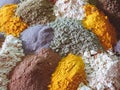 Wide variety spices and herbs on background
